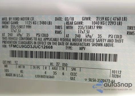 2018 Ford Escape Se z USA, uszkodzony, nr VIN 1FMCU9GD3JUC12668